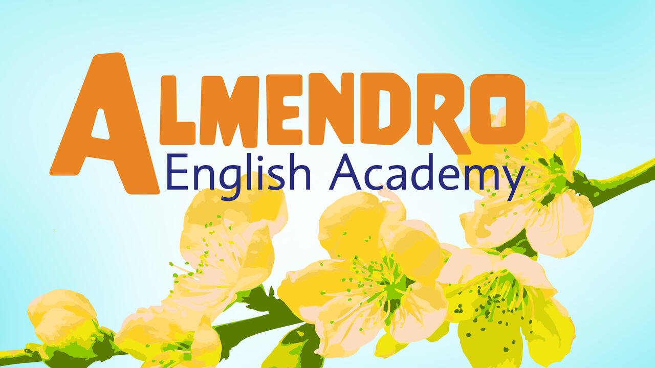 Official brand logo for Almendro Academy featuring stylized orange text and an almond blossom sketch motif.