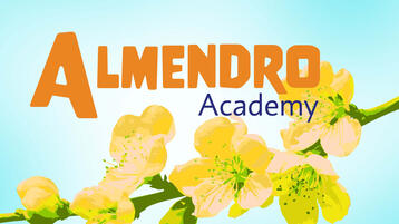 Official brand logo for Almendro Academy featuring stylized orange text and an almond blossom sketch motif.